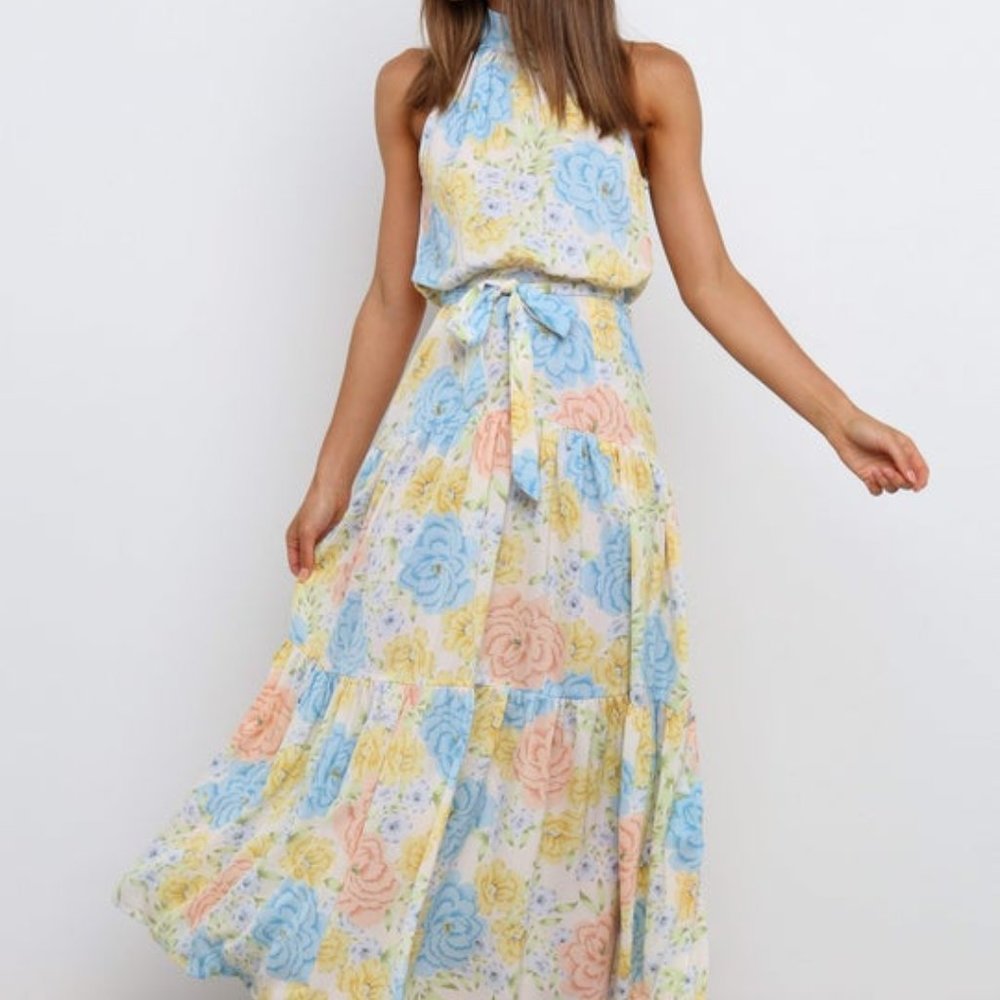 Petal & Pup Pastel Floral Halter Maxi Dress in Blue, Yellow & Pink
